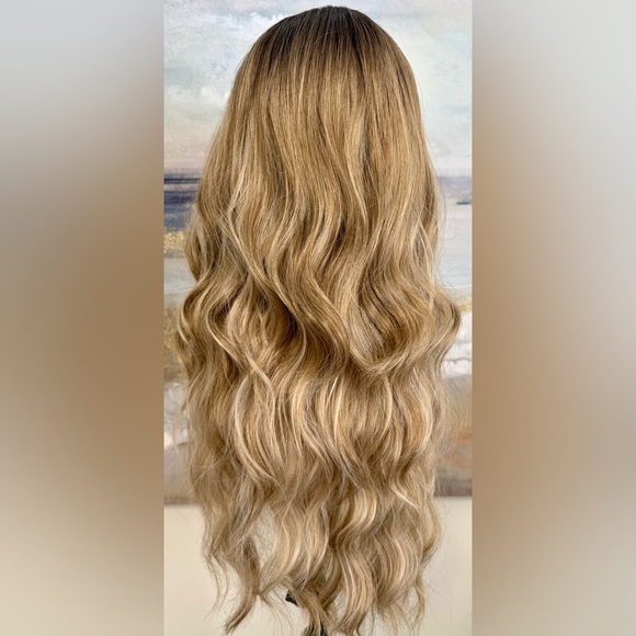 HAIR, 25” Long Wavy Layers, Center Part Bangs Ombre Med Brown/Blonde - Picture 13 of 16